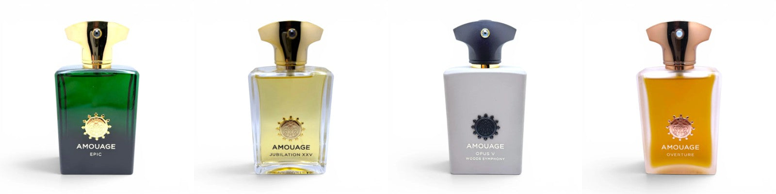 Four Amouage decants — Epic Man, Jubilation XXV, Opus V Woods Symphony, and Overture Man