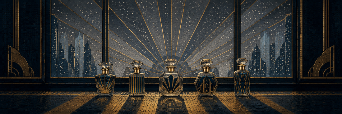Five Art Deco perfume bottles before a frosted window with radiating gold light and falling snow