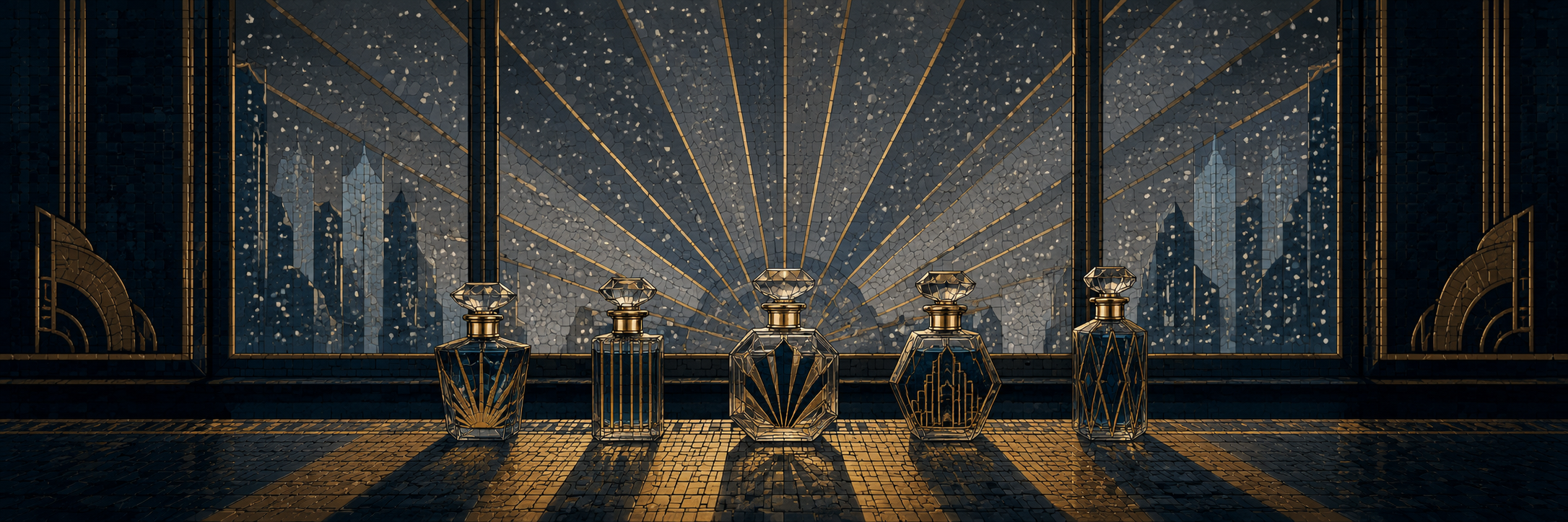 Five Art Deco perfume bottles before a frosted window with radiating gold light and falling snow