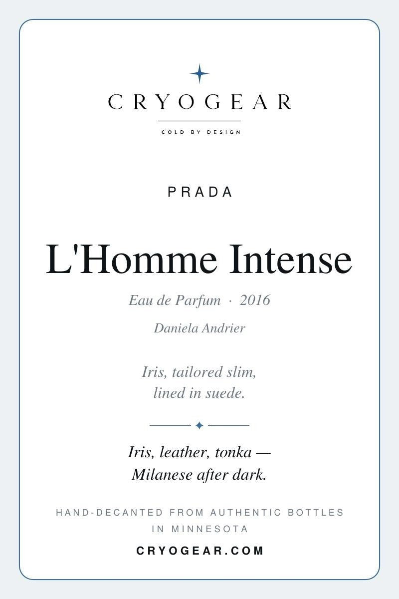 Cryogear scent card — Prada L'Homme Intense (front)