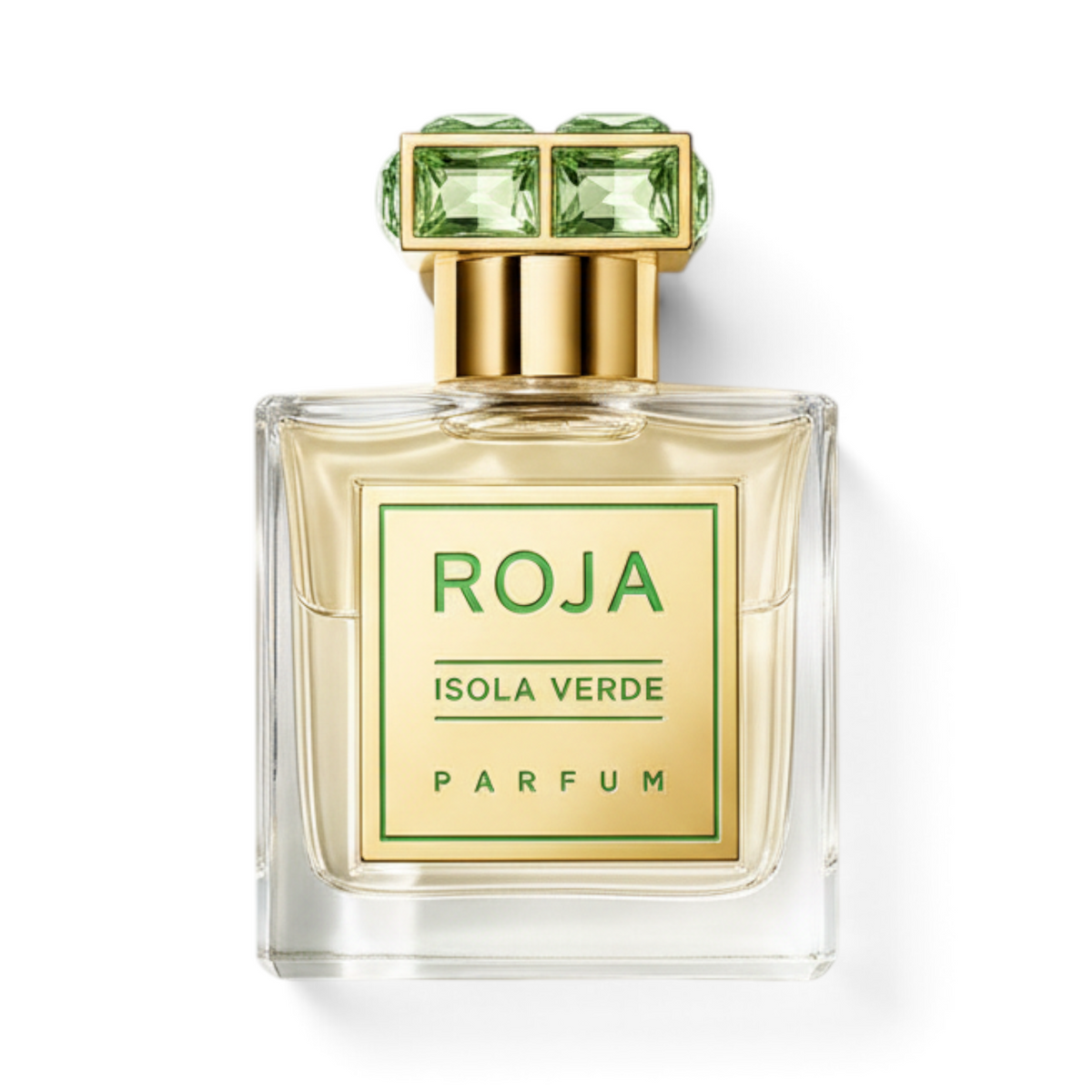 CRYOGEAR Roja Parfums Isola Verde perfume bottle with a gold label and green crystal cap on a white background