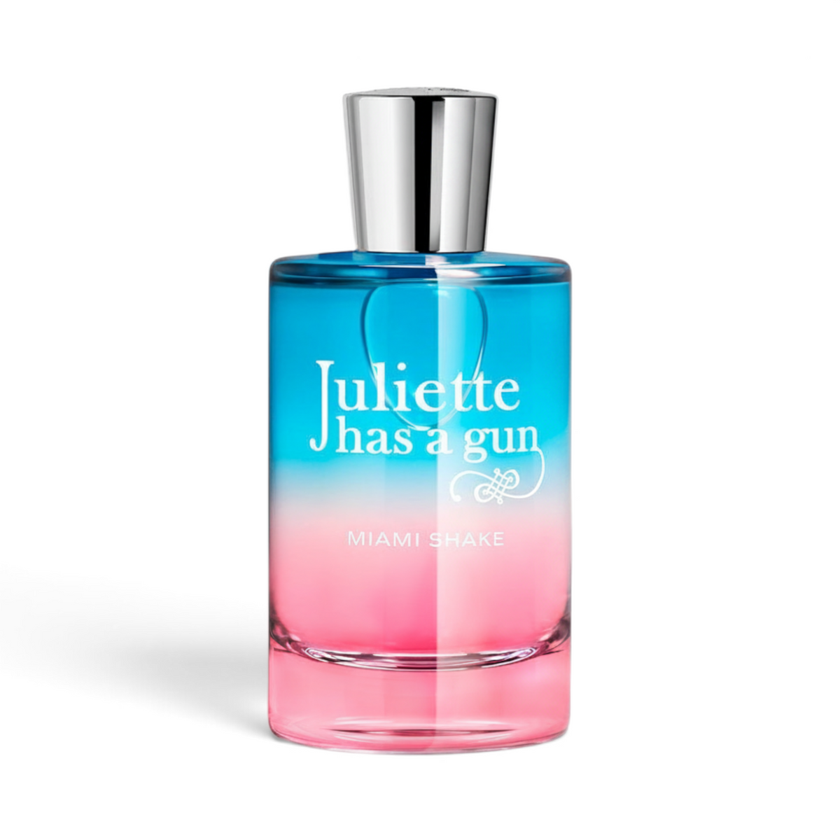 CRYOGEAR Juliette Has A Gun Miami Shake perfume bottle with a blue and pink gradient glass design and silver cap.