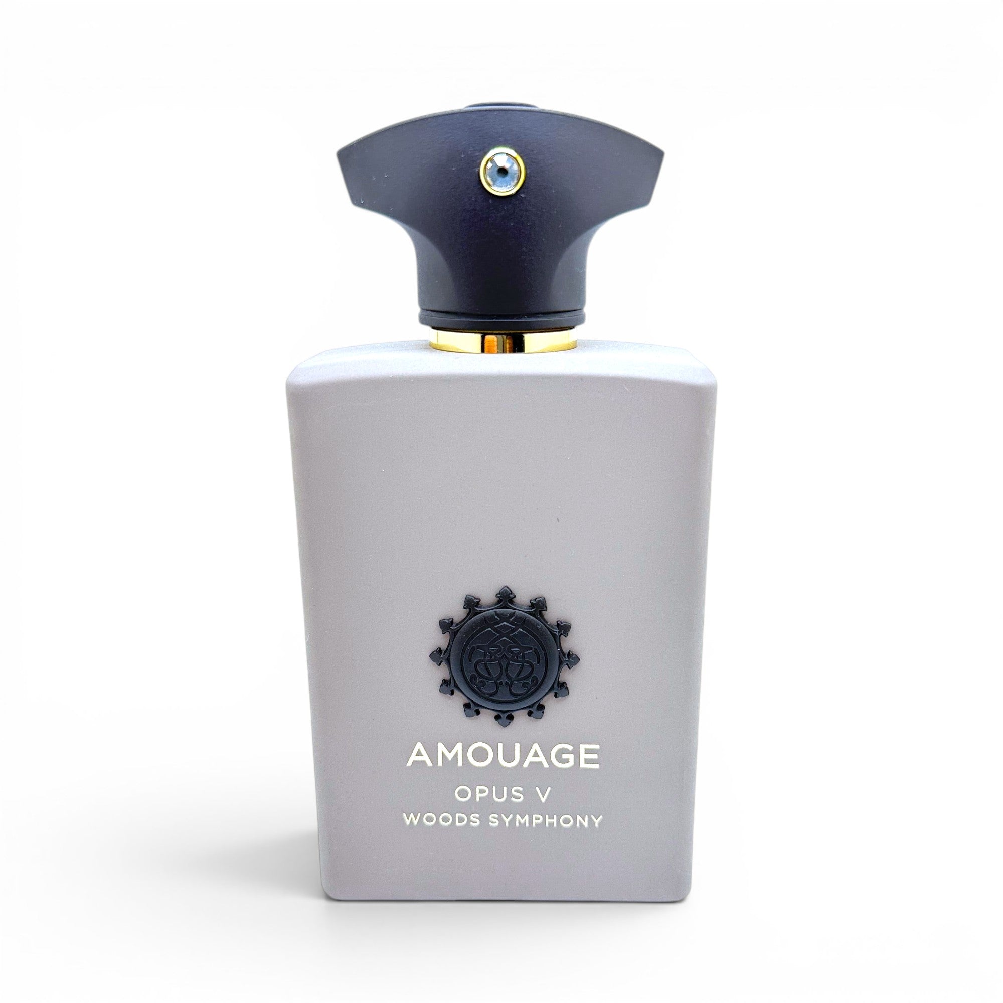 Amouage Opus V Woods Symphony source bottle — taupe flacon with black cap