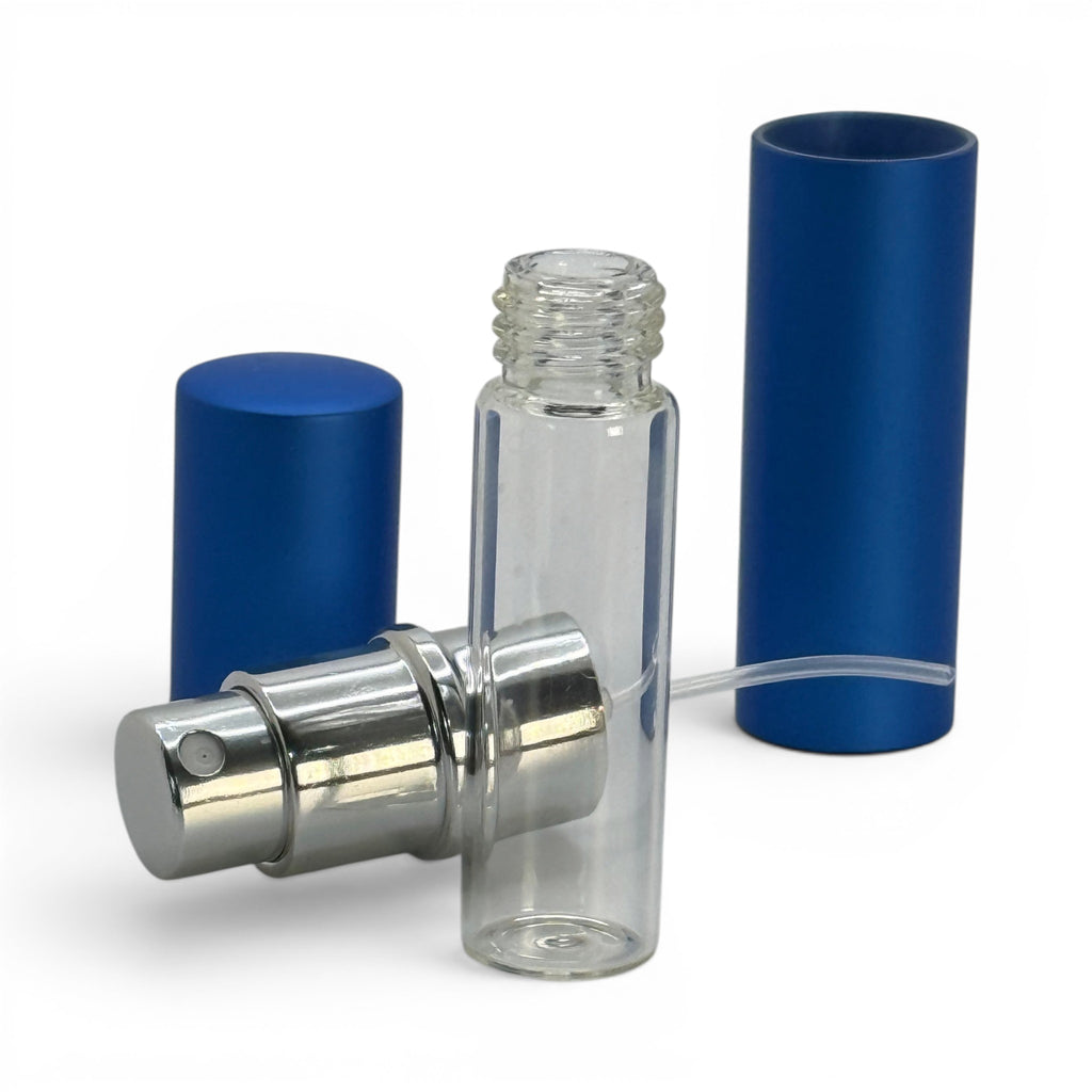 Cap, sprayer, glass vial and metal sleeve shown separately