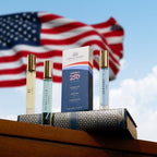 Caswell-Massey America250 Discovery Set staged with US flag