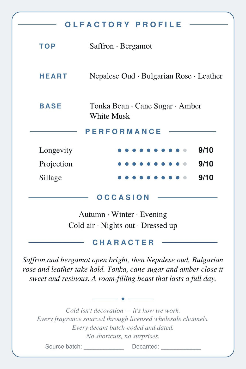 CryoGear scent card — Arabians Tonka, olfactory profile