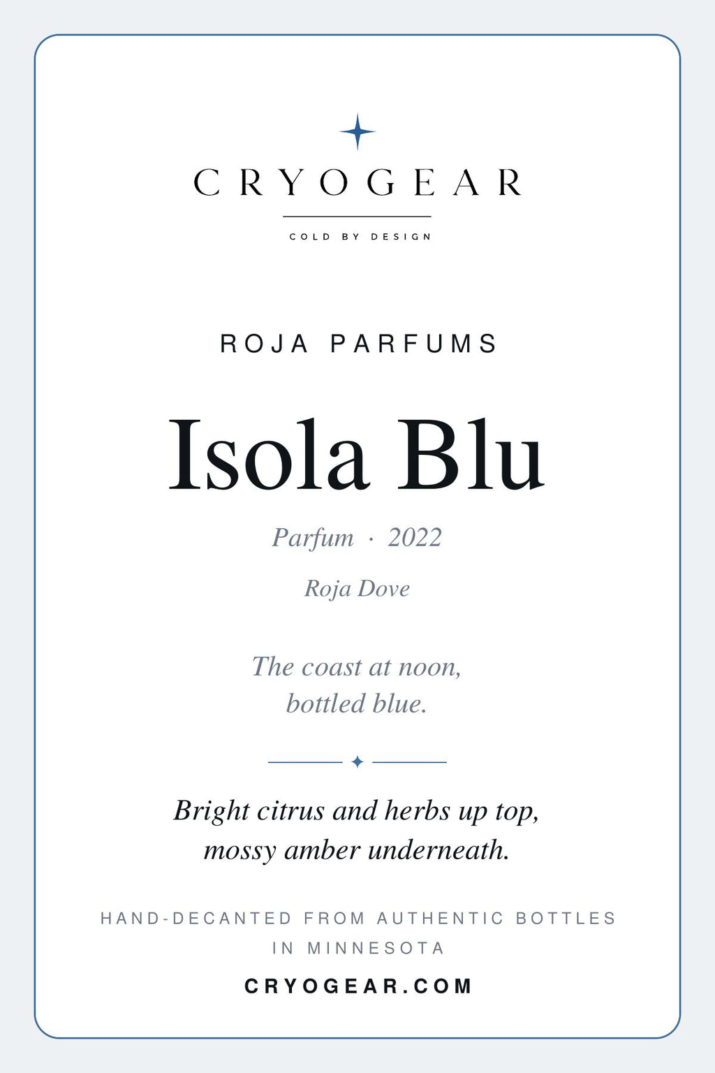 CryoGear scent card — Isola Blu, front