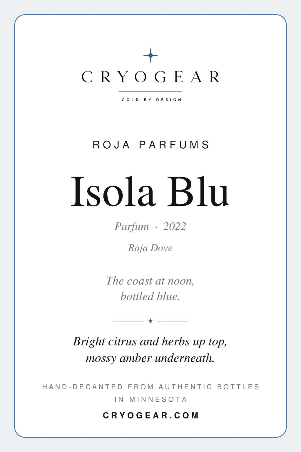 CryoGear scent card — Isola Blu, front