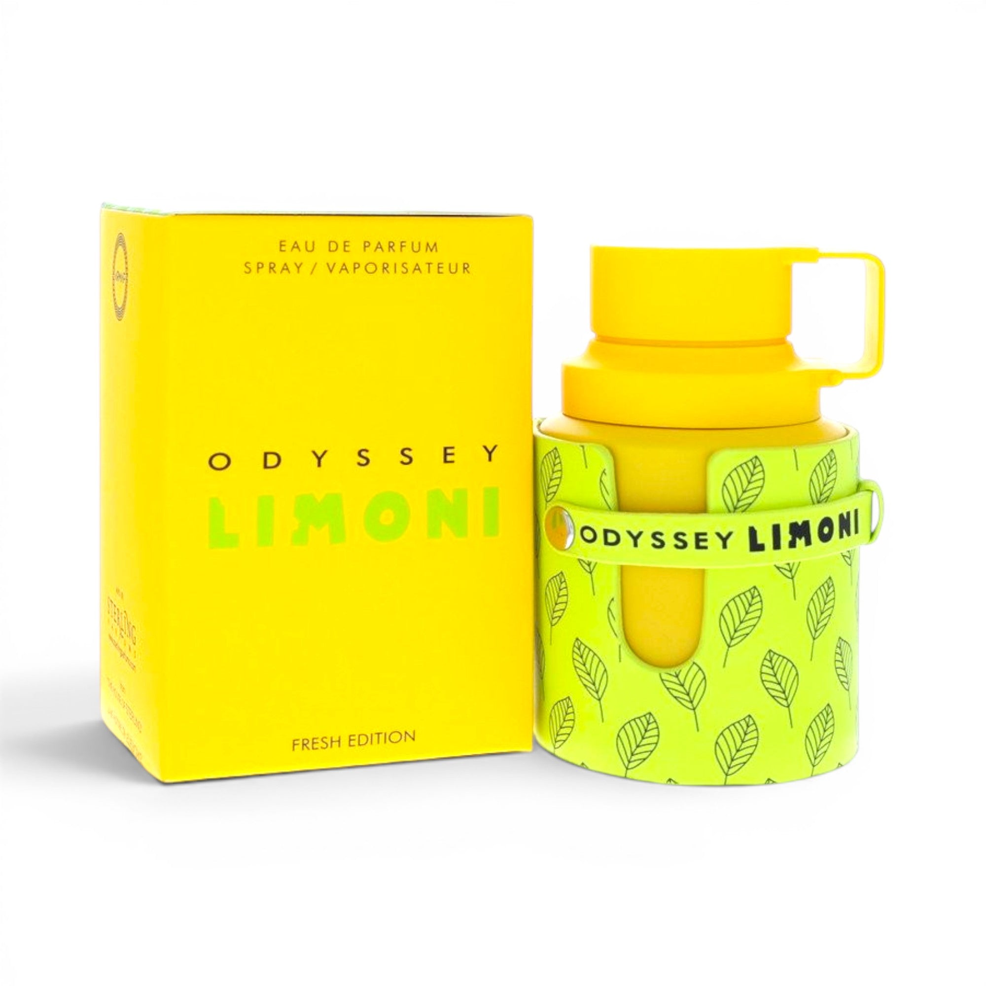 CRYOGEAR Armaf Odyssey Limoni Eau de Parfum bottle with yellow cap and green leaf-patterned sleeve next to yellow box