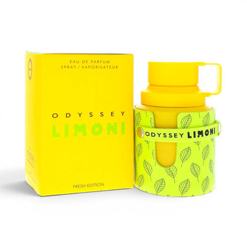 CRYOGEAR Armaf Odyssey Limoni Eau de Parfum bottle with yellow cap and green leaf-patterned sleeve next to yellow box