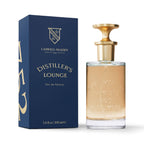 CRYOGEAR Caswell-Massey Distiller's Lounge Eau de Parfum in a glass bottle with gold cap next to a navy blue box.