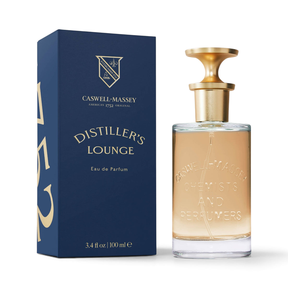 CRYOGEAR Caswell-Massey Distiller's Lounge Eau de Parfum in a glass bottle with gold cap next to a navy blue box.