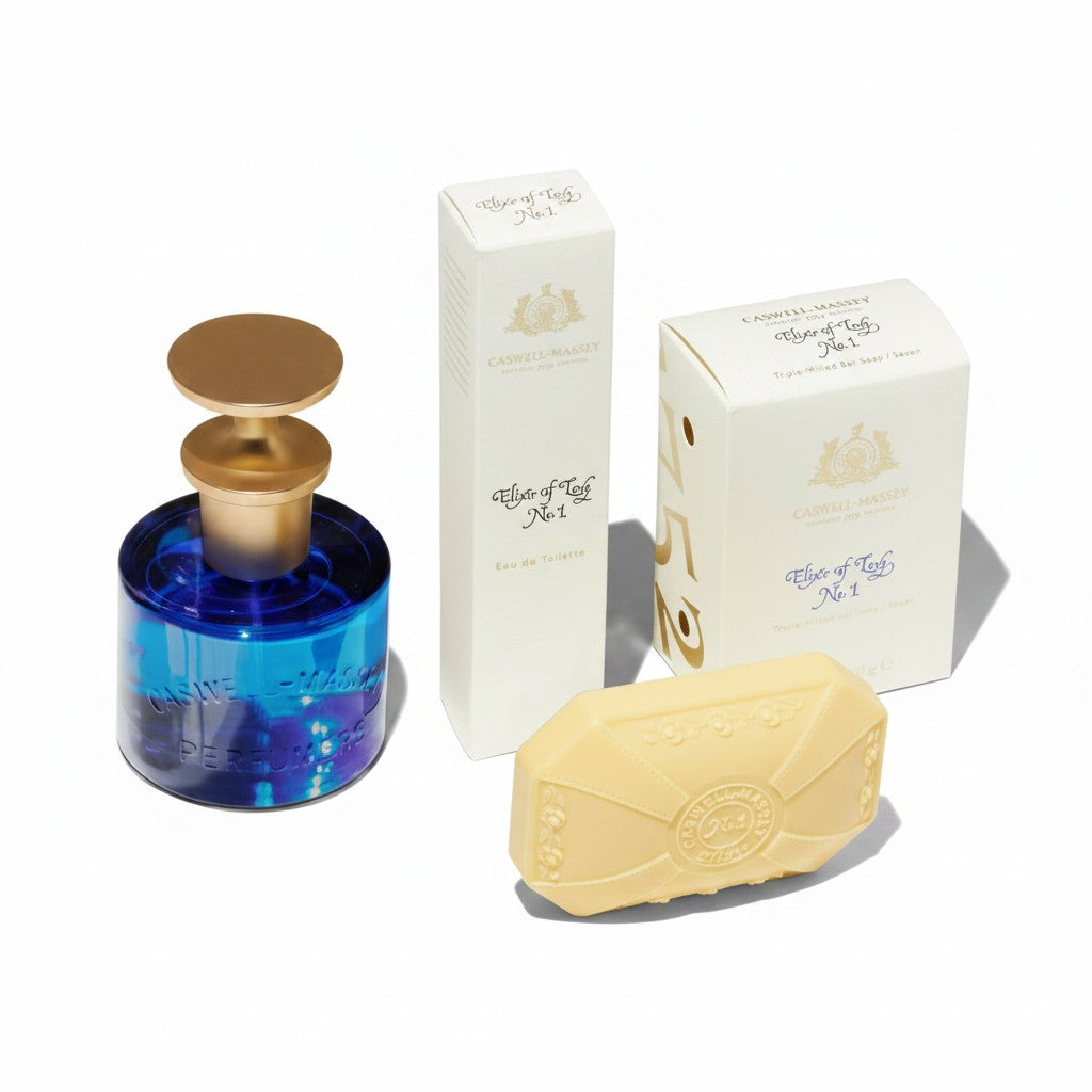 CRYOGEAR Caswell-Massey Elixir of Love perfume bottle and soap set with Victorian-style packaging on white background