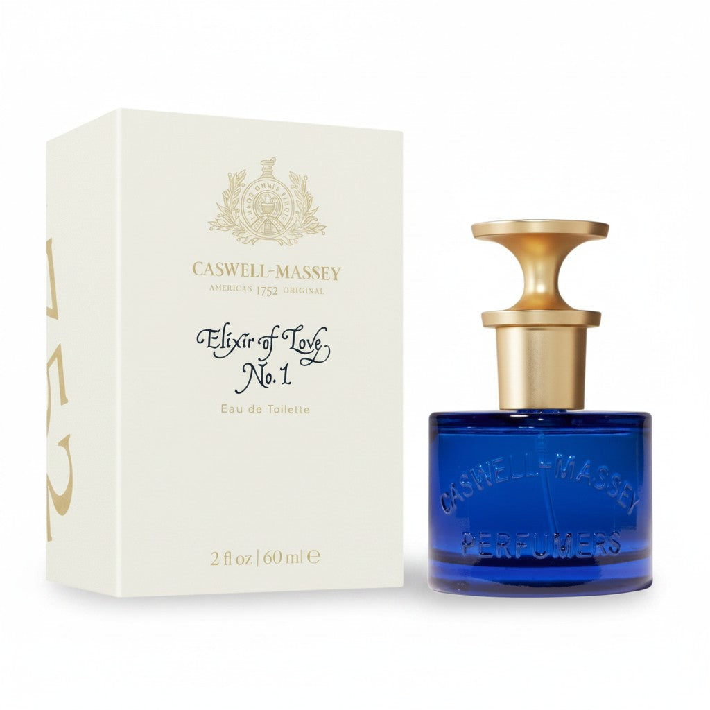 CRYOGEAR Caswell-Massey Elixir of Love No. 1 eau de toilette in a blue glass bottle with gold cap and white box.