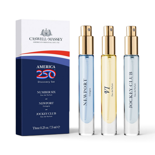 CRYOGEAR Caswell-Massey America250 Discovery Set featuring three 7.5ml travel fragrance sprays in a branded box.