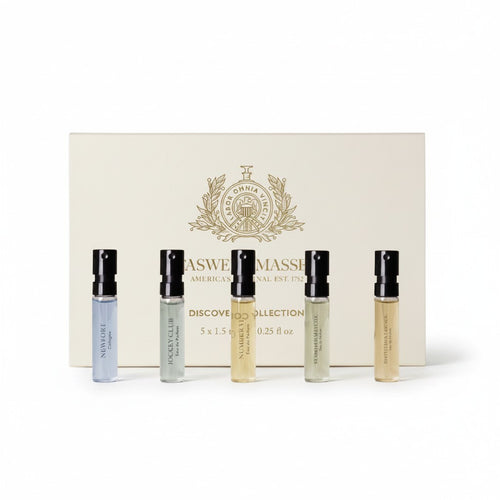 CRYOGEAR Caswell-Massey Discovery Fragrance Collection featuring five sample vials in a branded cream gift box.