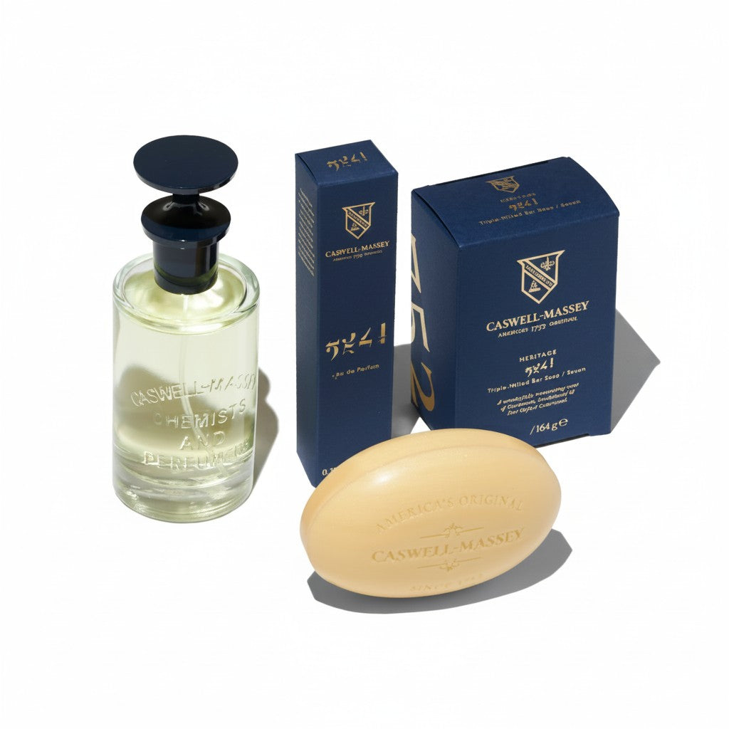 CRYOGEAR Caswell-Massey Heritage 2571 eau de parfum bottle, matching box, and bar soap on a white background.