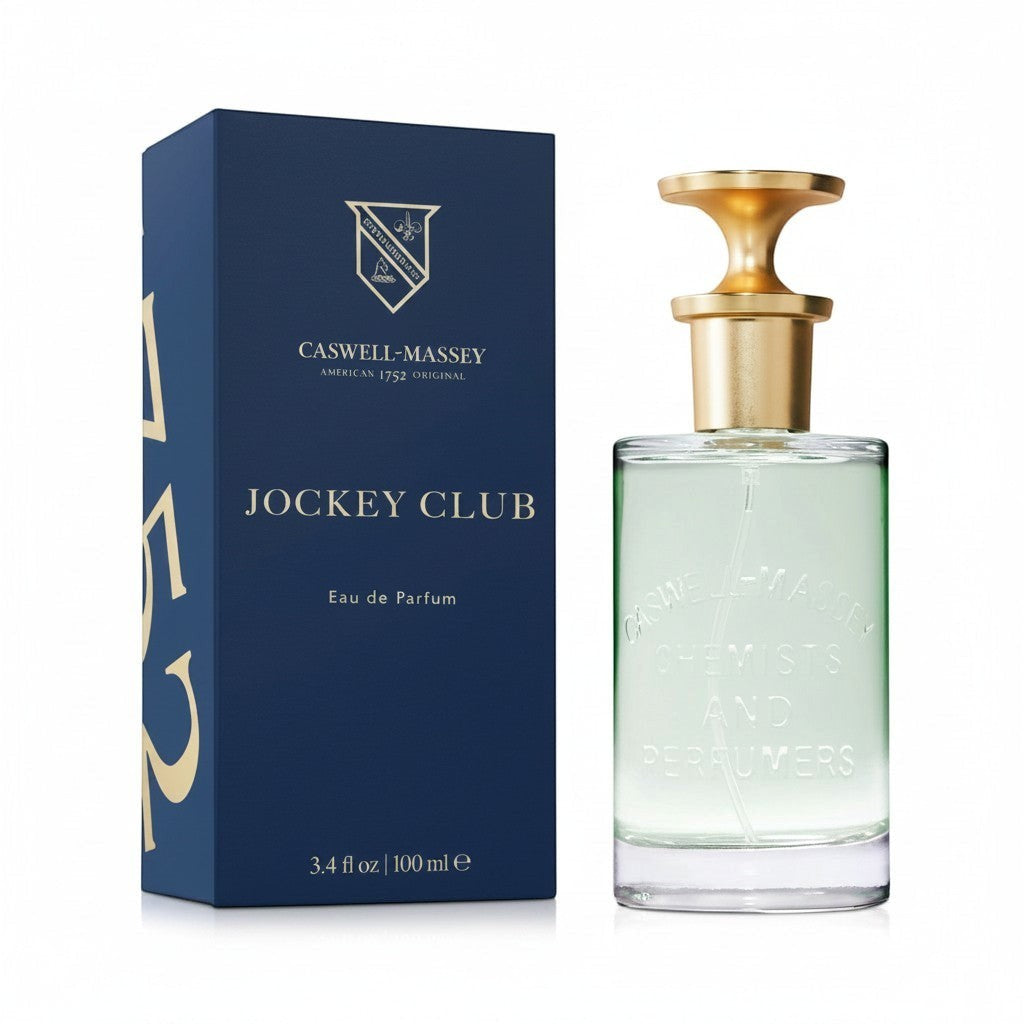 CRYOGEAR Caswell-Massey Jockey Club Eau de Parfum 100ml bottle with gold cap next to its blue branded box.