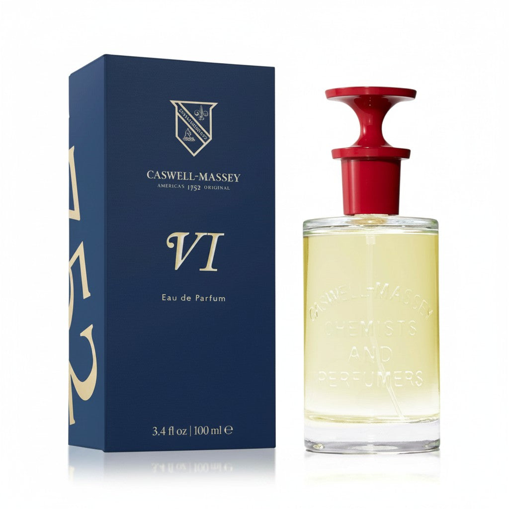 CRYOGEAR Caswell-Massey Heritage Number Six Eau de Parfum in a 100ml glass bottle with red cap next to its blue box.