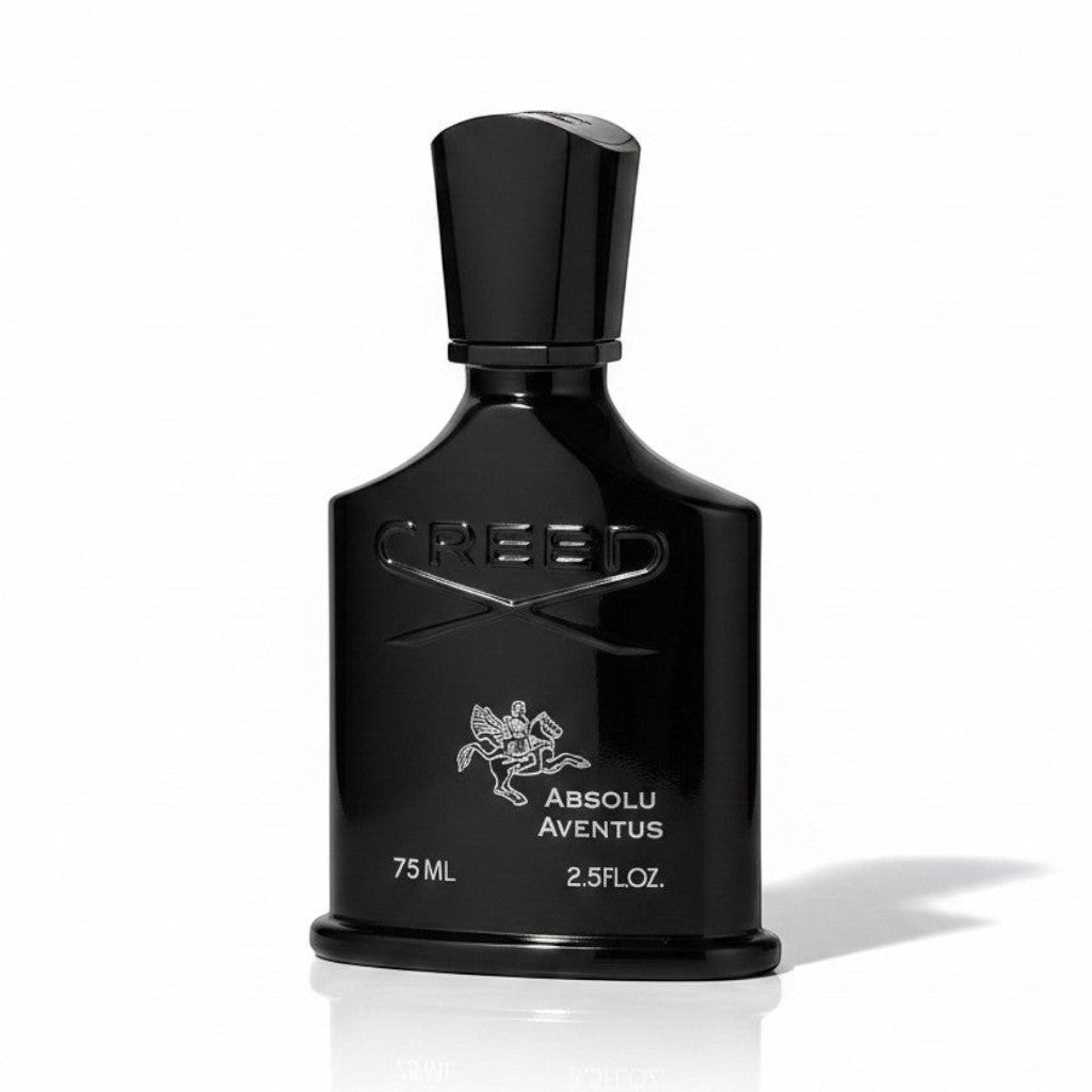 CRYOGEAR Creed Absolu Aventus 75ml fragrance bottle in sleek black glass with embossed logo on white background