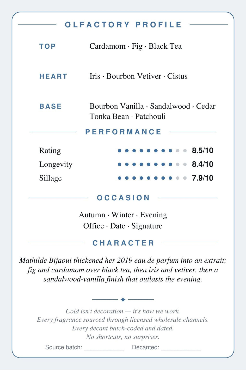 CRYOGEAR scent card for BDK Parfums Gris Charnel Extrait — back: notes, performance, character