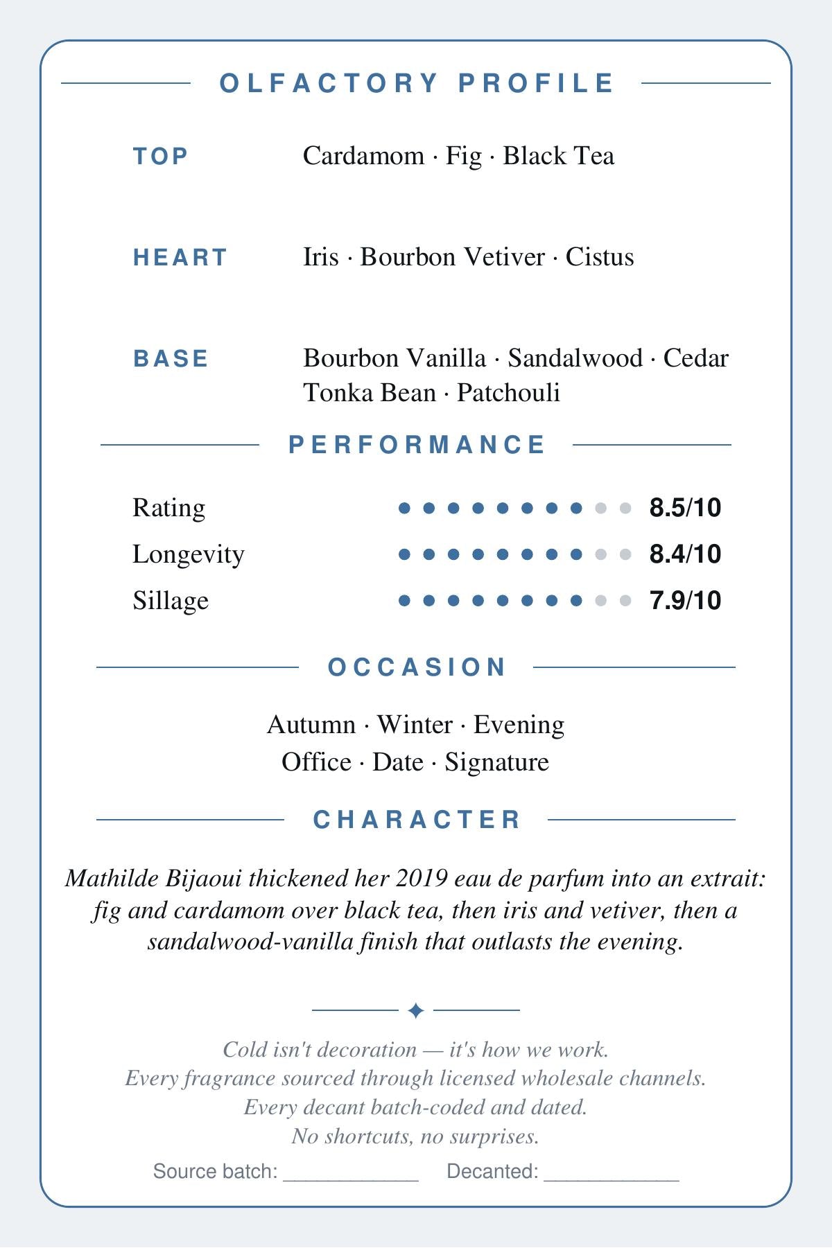 CRYOGEAR scent card for BDK Parfums Gris Charnel Extrait — back: notes, performance, character