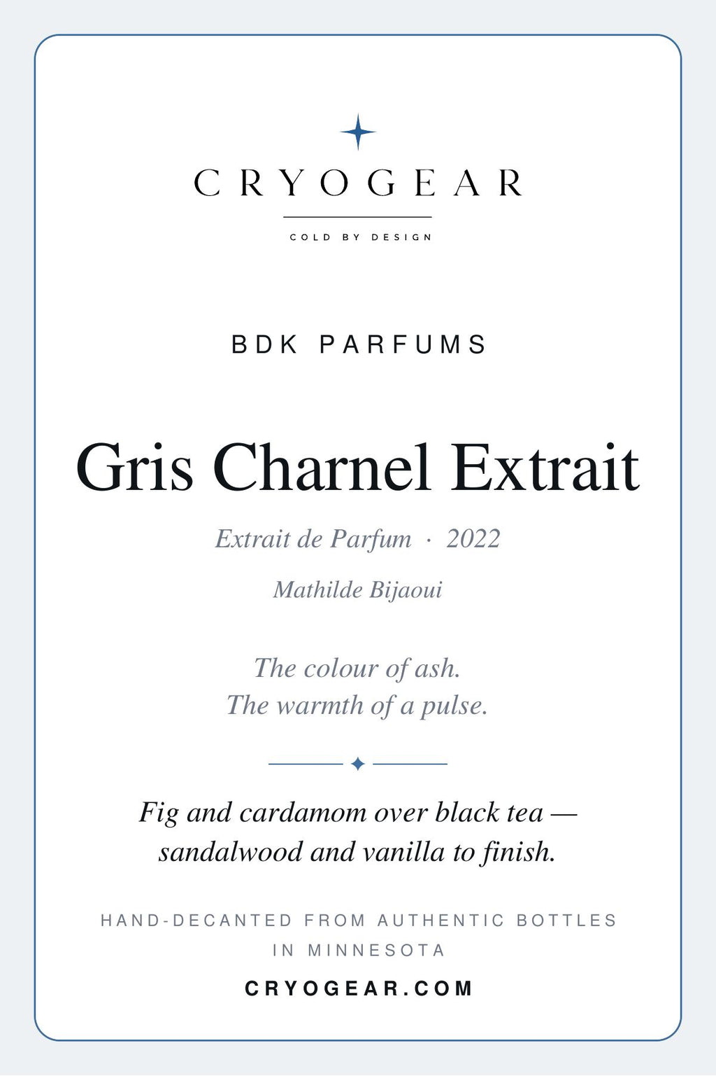 CRYOGEAR scent card for BDK Parfums Gris Charnel Extrait — front