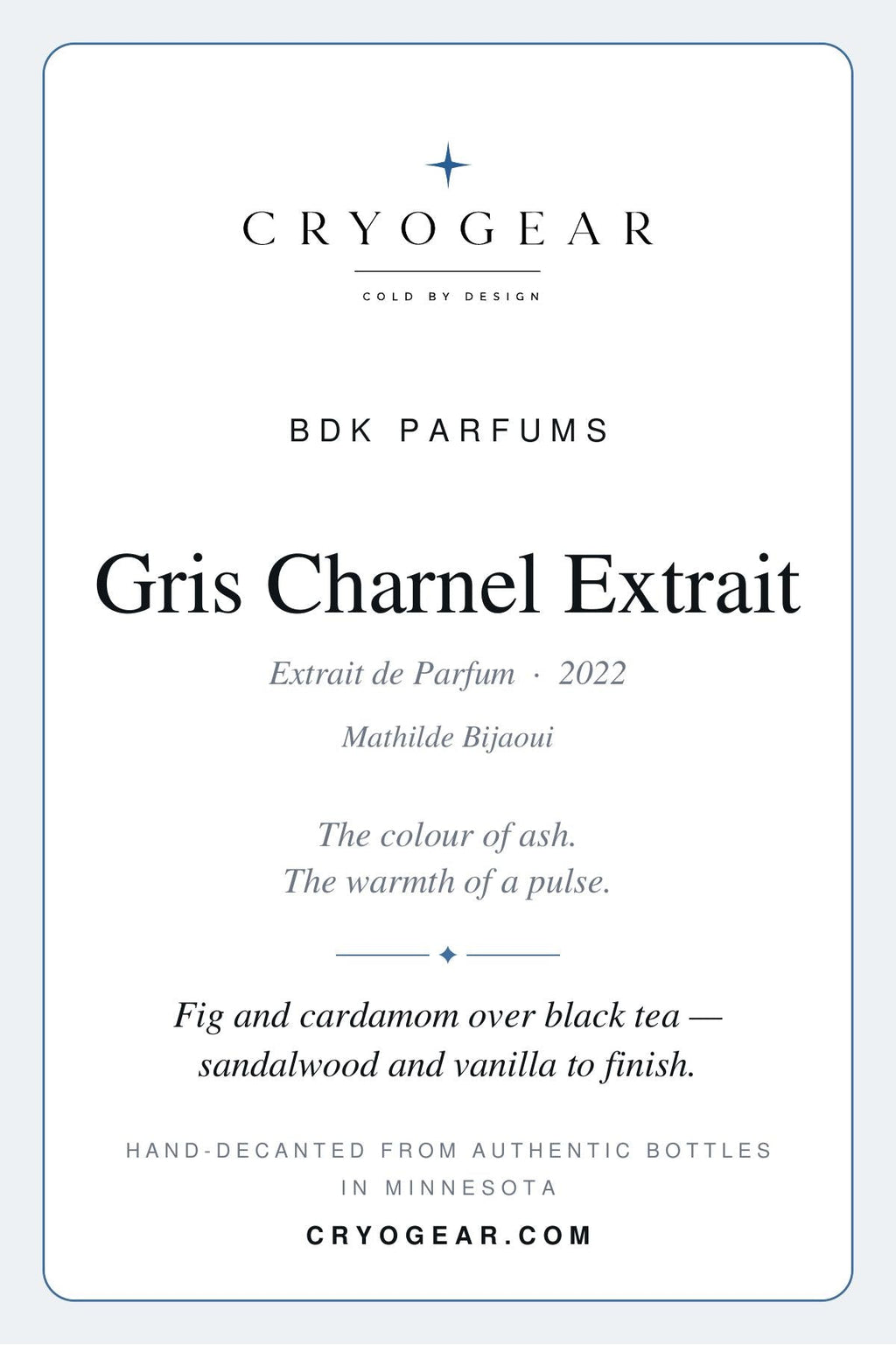 CRYOGEAR scent card for BDK Parfums Gris Charnel Extrait — front