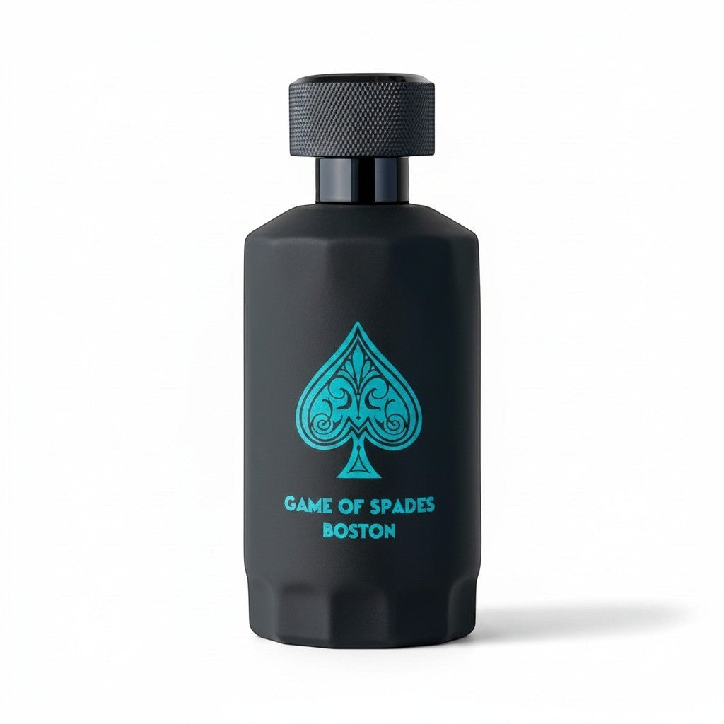 CRYOGEAR Jo Milano Game of Spades Boston 100ml fragrance in a matte black bottle with a teal spade logo.