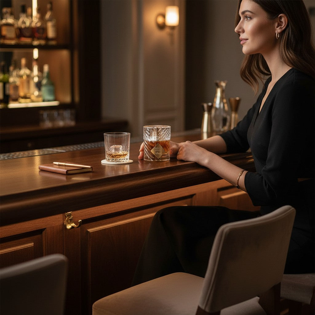 CRYOGEAR Kilian Angels' Share cognac gourmand perfume decant in a crystal glass on a bar counter with a woman nearby.