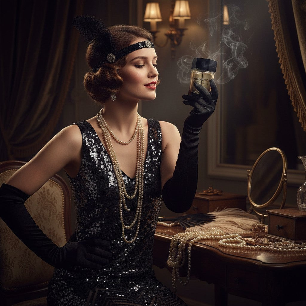 CRYOGEAR decant of La Nuit de L'Homme held by a woman in 1920s flapper attire with pearls and a sequined dress.