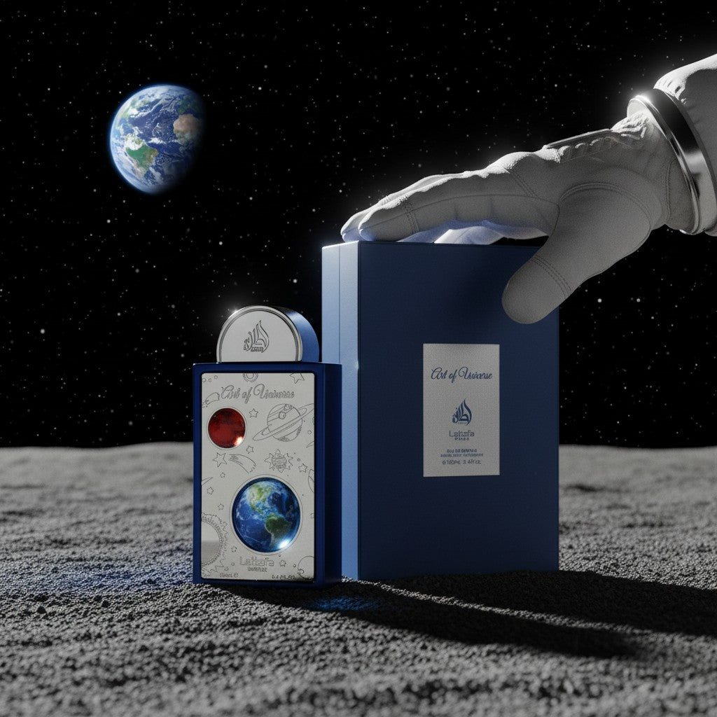 CRYOGEAR Lattafa Pride Art of Universe perfume bottle and box on the moon with an astronaut glove and Earth in view
