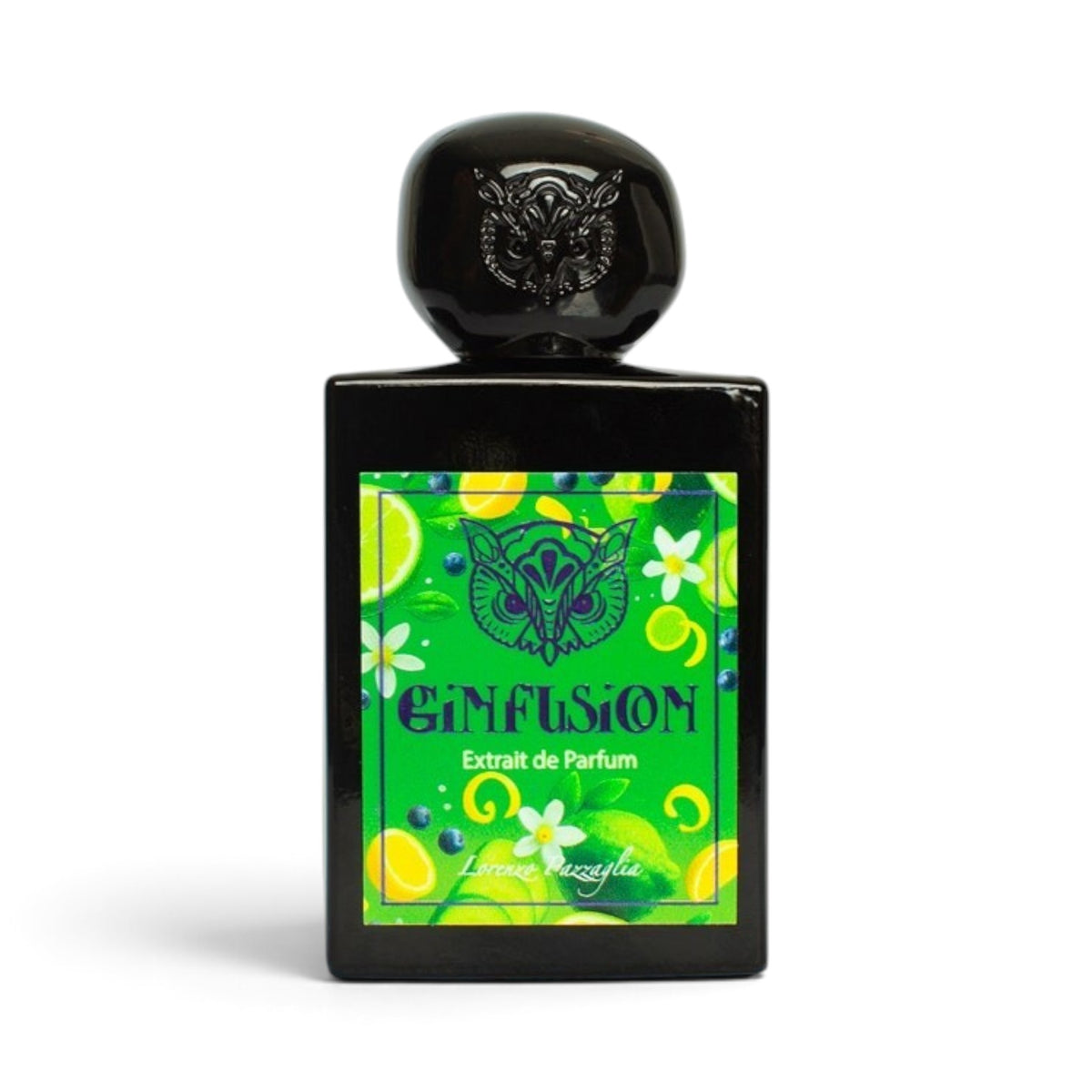 CRYOGEAR decant of Lorenzo Pazzaglia Ginfusion Extrait de Parfum in a black bottle with a vibrant green owl label.