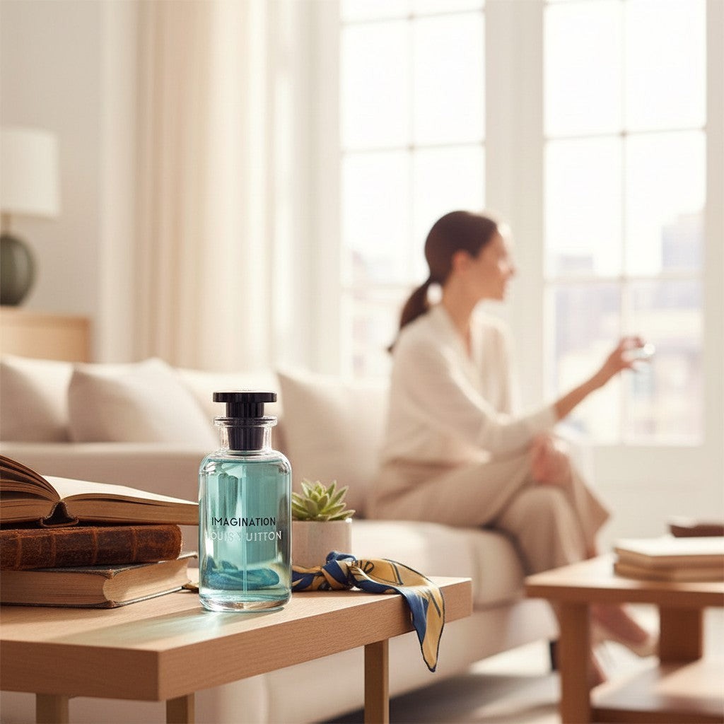 CRYOGEAR Louis Vuitton Imagination perfume bottle on a wooden table with books and a woman in a bright living room.