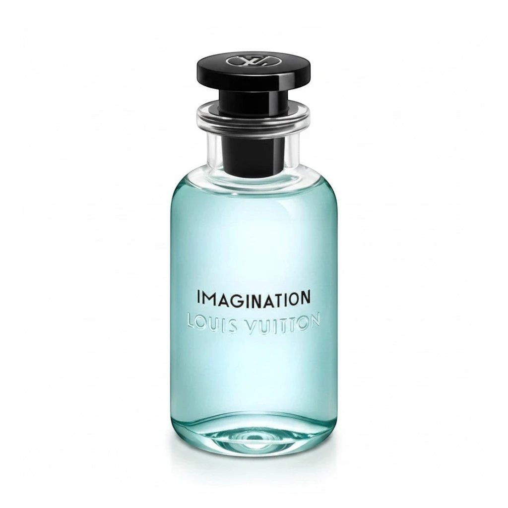 CRYOGEAR Louis Vuitton Imagination fragrance in a clear glass bottle with light blue perfume and black cap.