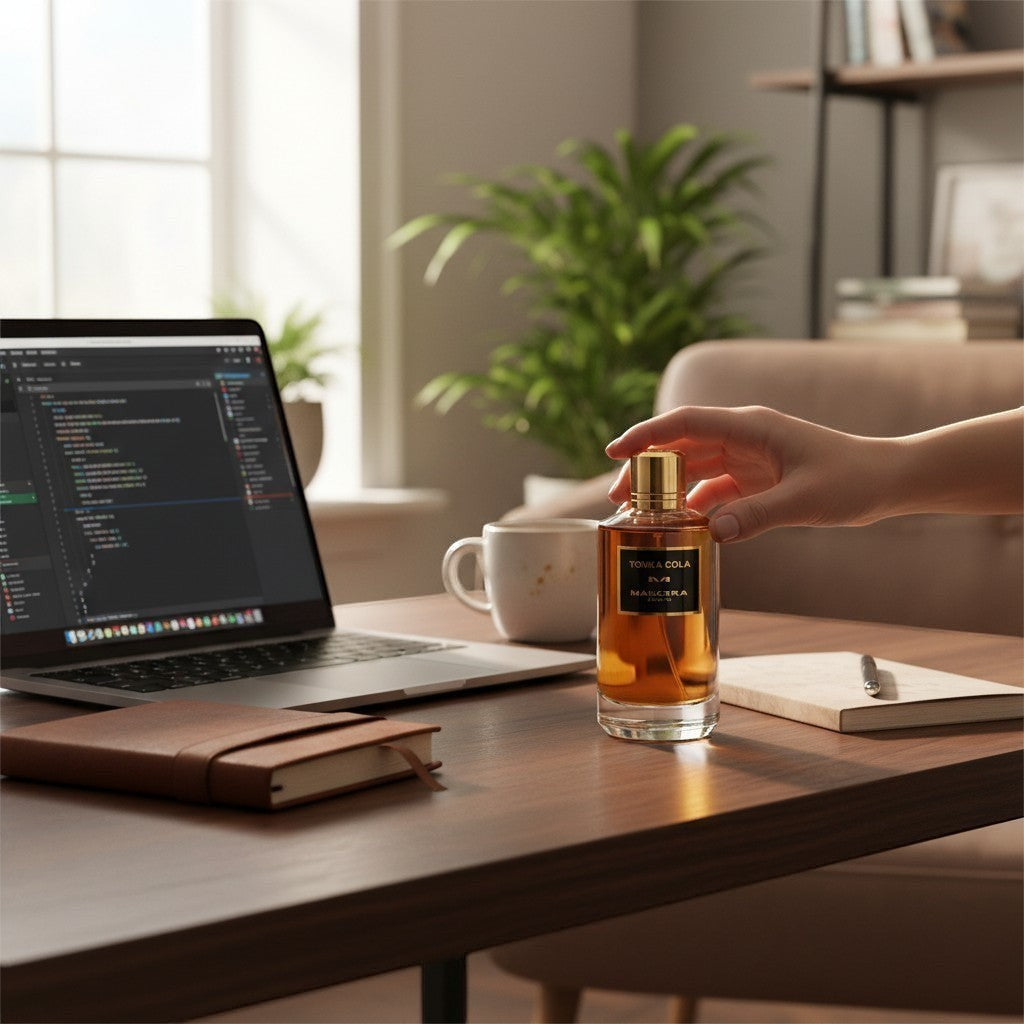 CRYOGEAR Mancera Tonka Cola 120ml perfume bottle held on a wooden desk next to a laptop and notebook.