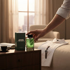 CRYOGEAR Prada Paradigme aromatic woody fragrance bottle and green box on a wooden nightstand in a bedroom.
