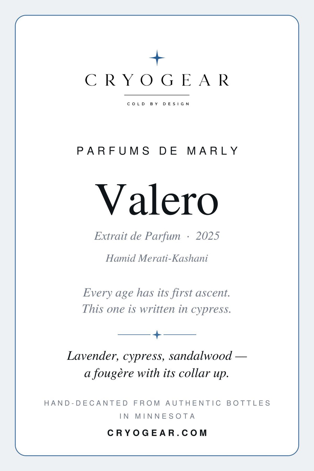 CryoGear scent card, Parfums de Marly Valero Extrait de Parfum, front