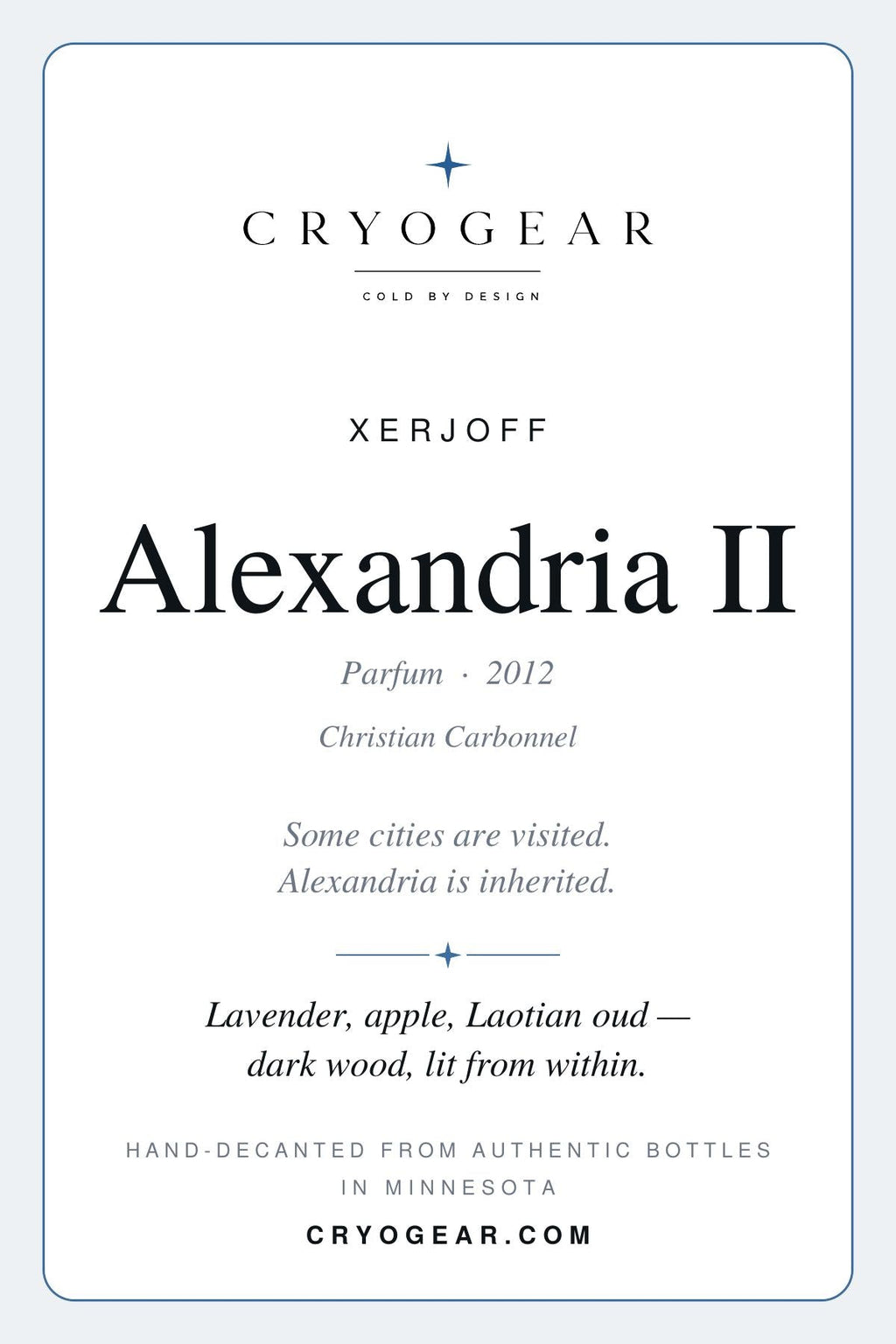 CryoGear scent card, Xerjoff Alexandria II Parfum, front