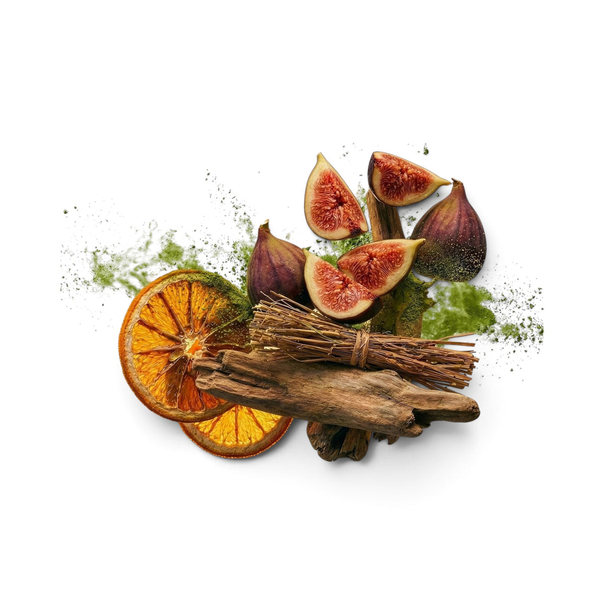 CRYOGEAR Caswell-Massey Seaboard Matcha fragrance ingredients including dried orange, fresh figs, and vetiver roots.