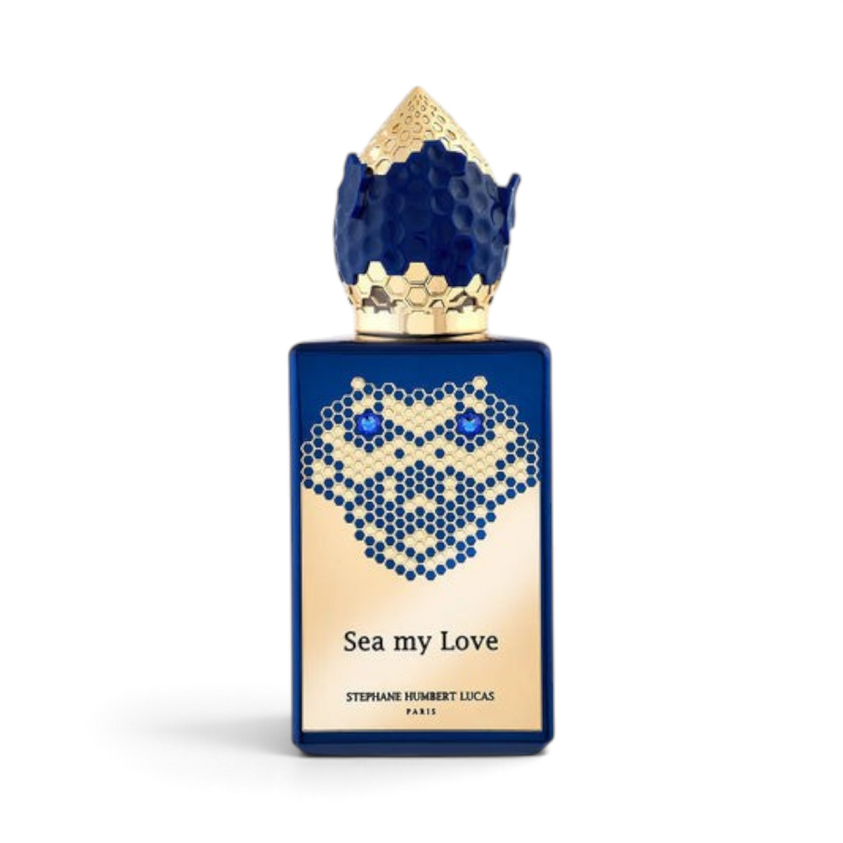 CRYOGEAR Stéphane Humbert Lucas 777 Sea My Love perfume bottle with blue glass, gold accents, and serpent design.