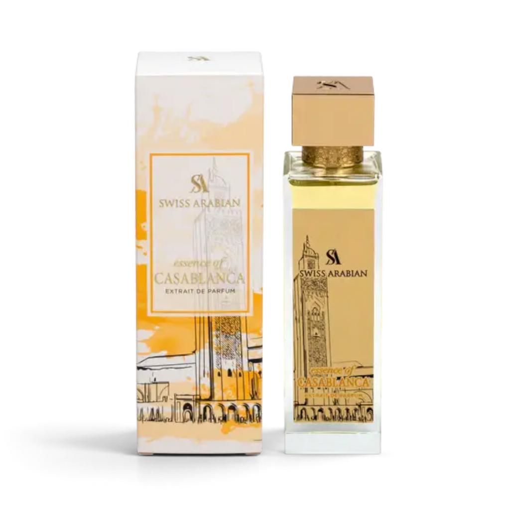 CRYOGEAR Swiss Arabian Essence of Casablanca perfume bottle and box with gold accents and architectural illustration