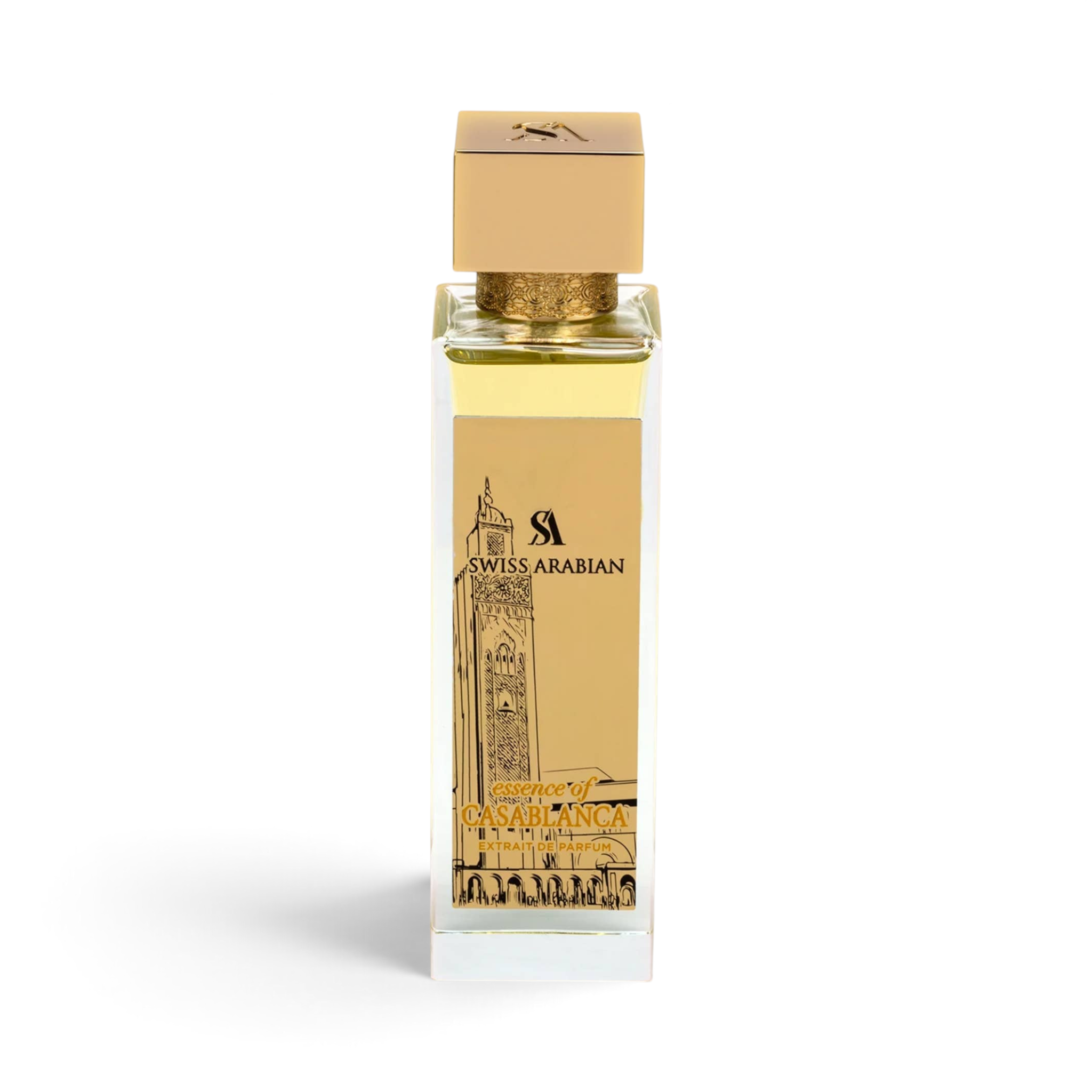 CRYOGEAR Swiss Arabian Essence of Casablanca unisex perfume in a tall glass bottle with a gold cap and label.