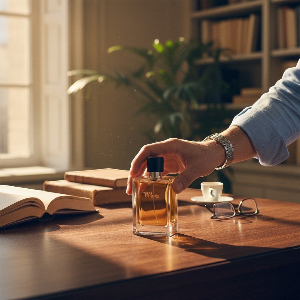 CRYOGEAR Terre d'Hermes EDT glass fragrance bottle on a wooden desk with a book and coffee in a sunlit study