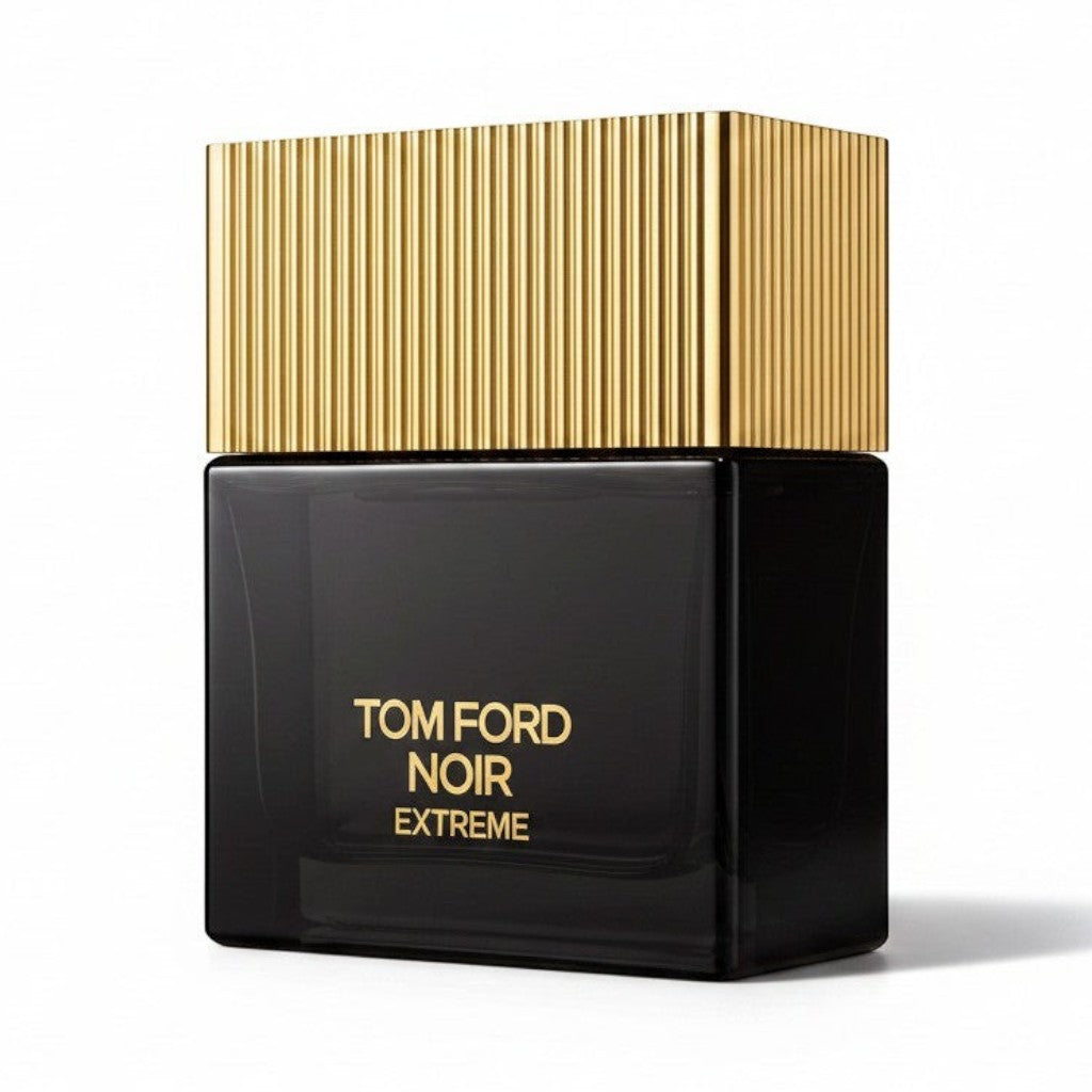 CRYOGEAR Tom Ford Noir Extreme fragrance bottle in a sleek black glass square design with a ribbed gold cap.