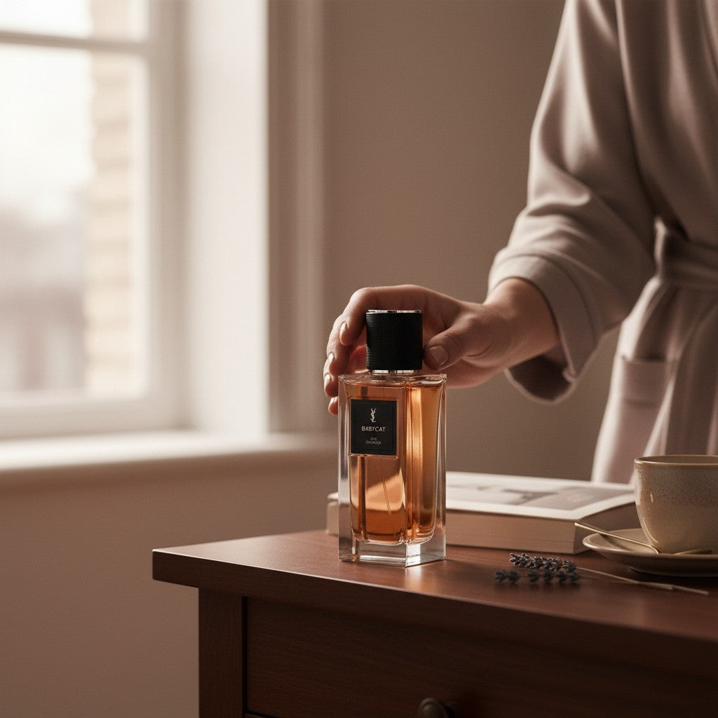 CRYOGEAR decant of YSL Babycat Eau de Parfum in a glass bottle on a wooden table with a person reaching for it