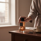 CRYOGEAR decant of YSL Babycat Eau de Parfum in a glass bottle on a wooden table with a person reaching for it
