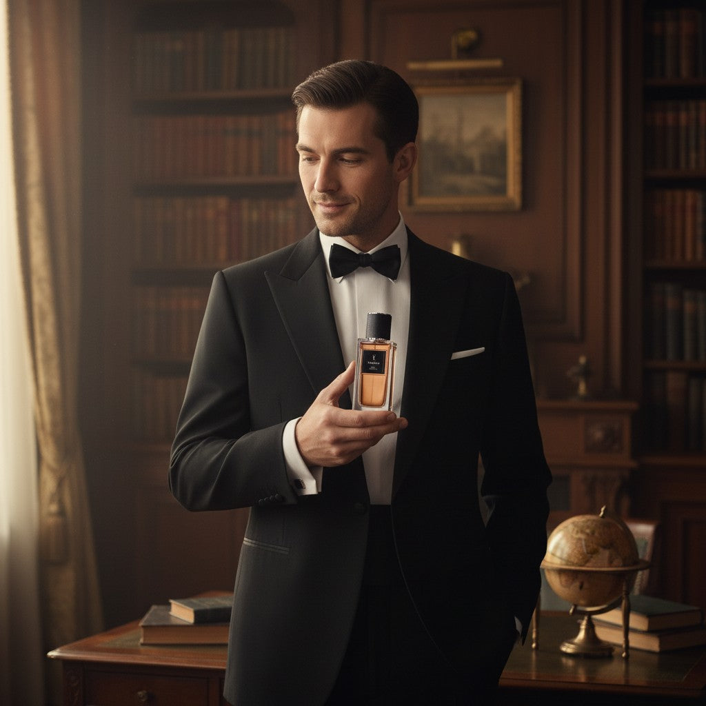 A man in a tuxedo holding a bottle of CRYOGEAR Yves Saint Laurent Babycat perfume in a sophisticated library setting.