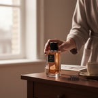 CRYOGEAR decant of YSL Babycat Eau de Parfum in a glass bottle on a wooden table with a person reaching for it