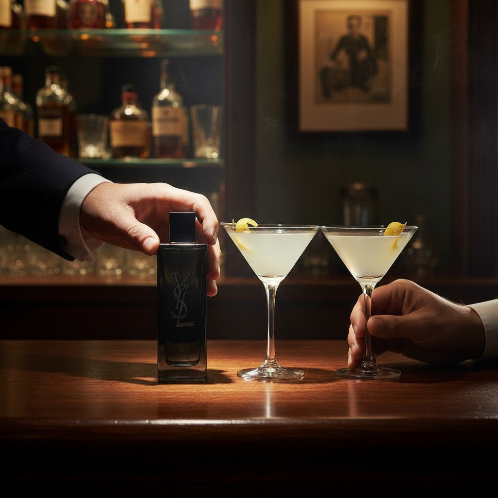 CRYOGEAR decant of YSL MYSLF fragrance bottle next to two martini glasses on a dimly lit bar counter